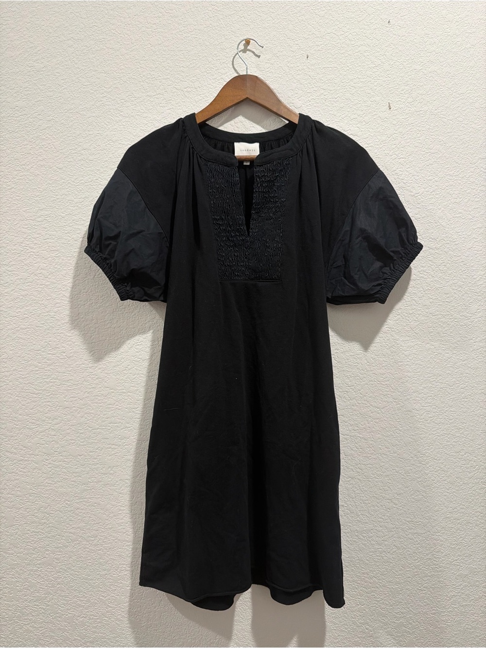 Sundays Anthropologie puff short sleeve black midi dress